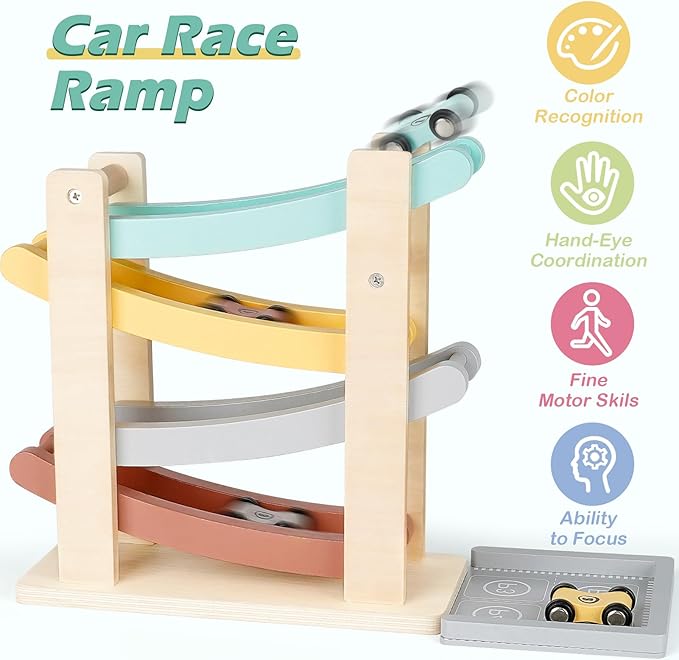 Wooden Montessori Toys for 1 2 Year Old, Race Track Truck Toy