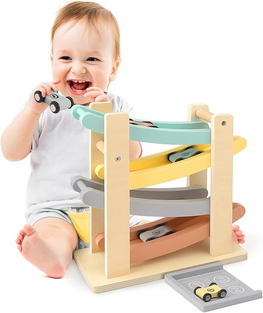 Wooden Montessori Toys for 1 2 Year Old, Race Track Truck Toy