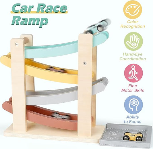Wooden Montessori Toys for 1 2 Year Old, Race Track Truck Toy